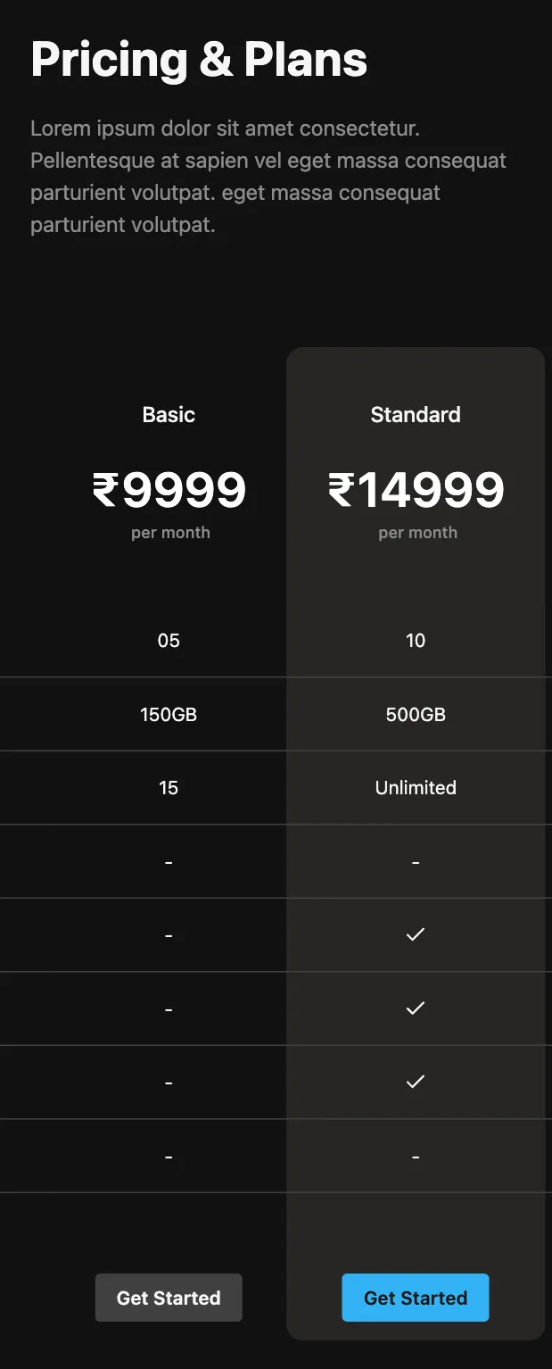 Pricing with Comparison Table - Native (Dark)