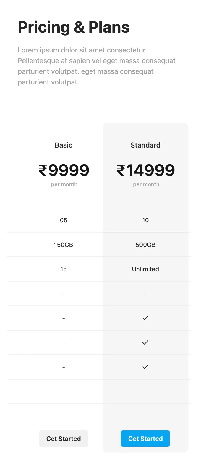 Pricing with Comparison Table - Native (Light)